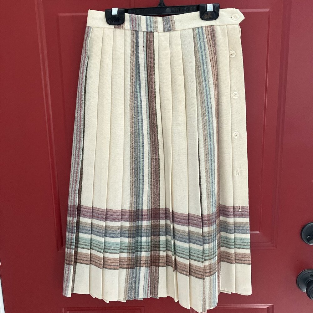 Pleated Midi Skirt in Cream with Multicolor Stripes